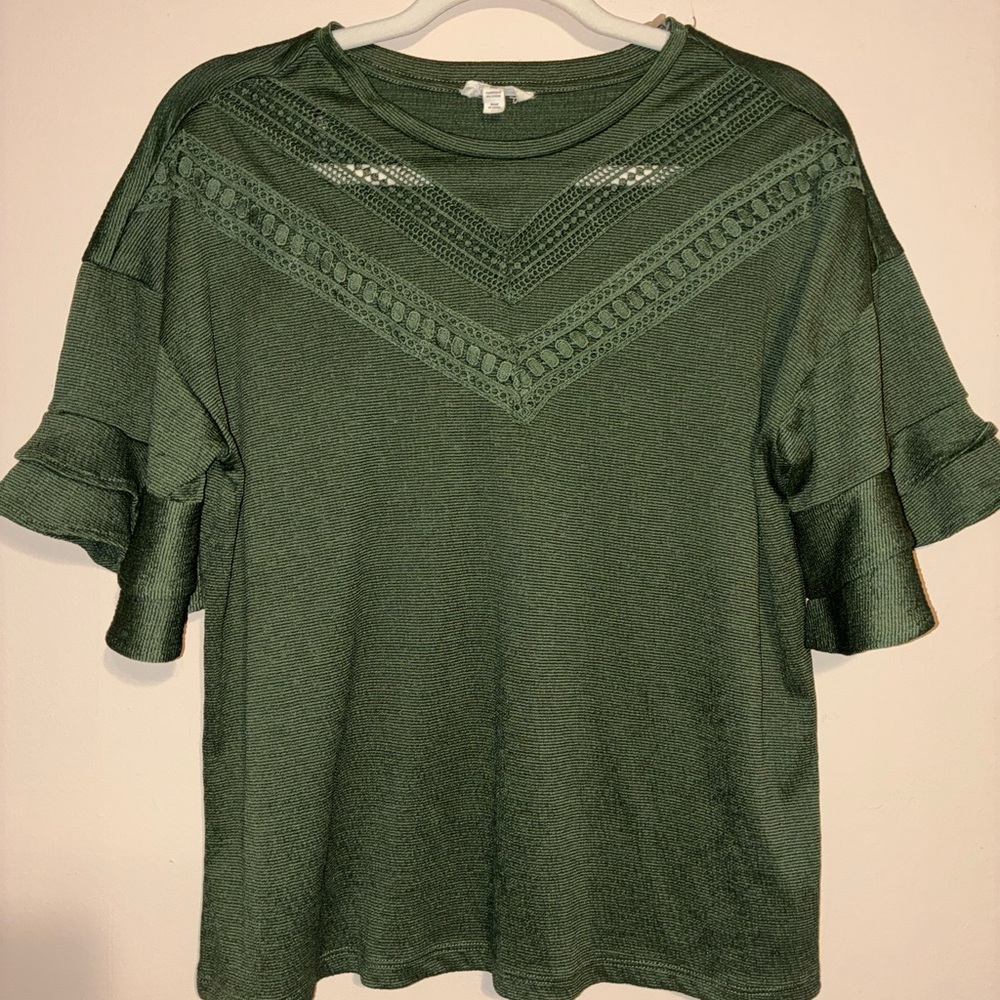 Green Flutter Sleeve Ruffled T-Shirt